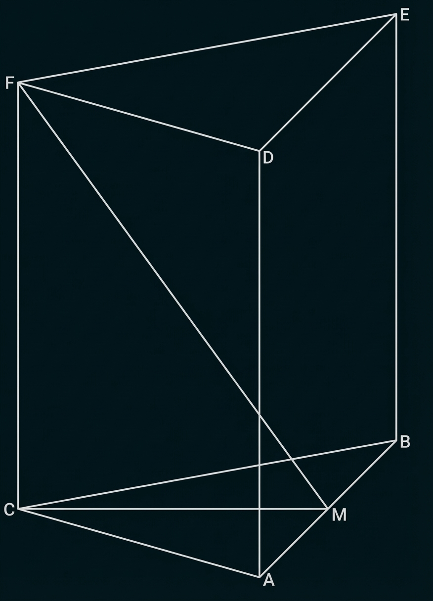 Geometrische Skizze eines Quaders mit markierten Punkten A–F und M, vertikalen Kanten sowie mehreren Diagonalen und Verbindungslinien.